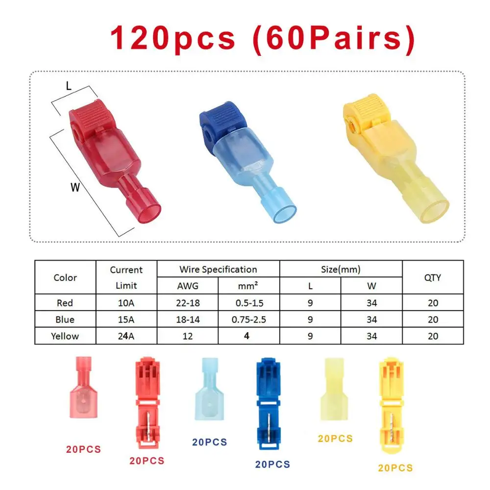 60/120 шт. волоконно оптический кабель провод разъемы и клеммы обжимные клещи Scotch Lock T кран быстрый монтаж электрический автомобиль аудио Терминатор 22-10AWG комплект - Цвет: 120PCS