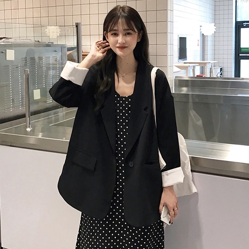 

Women Spring And Autumn Fashion Brand Korea Style Vintage Simple Slim Black Suit Blzaer Female Casual Loose Suit Coat Jacket