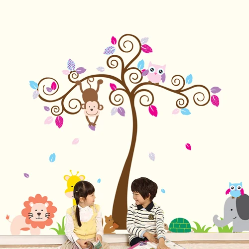 1 مجموعة 58*75 inch للإزالة pvc الشارات الكرتون شجرة مع لطيف البومة الزرافة القرد الحيوانات الاطفال نوم الديكور ملصقات الحائط