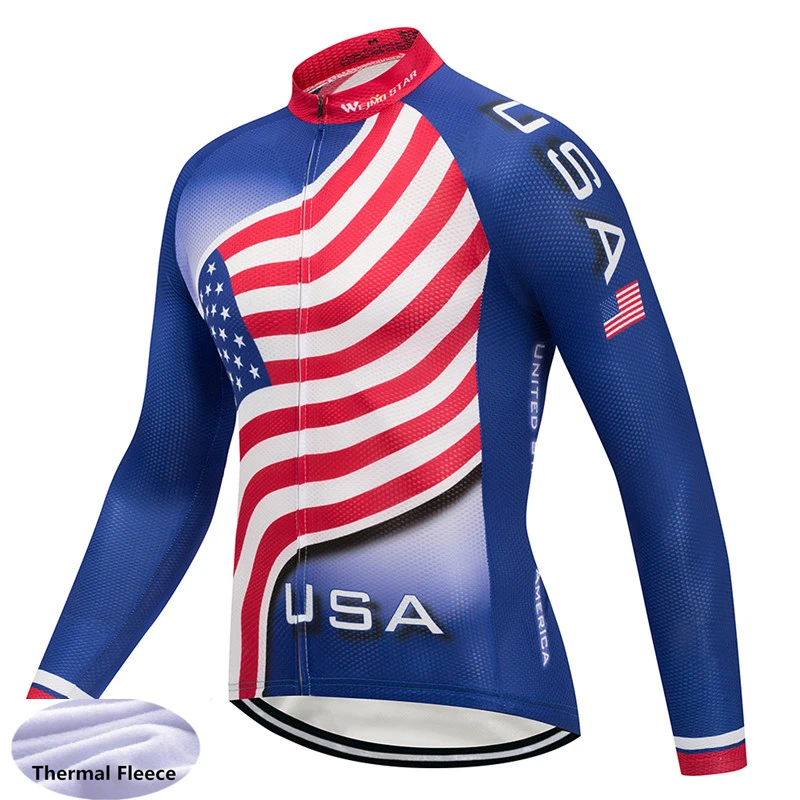 USA UU Autumn Long Sleeve Cycling Jersey Men Winter Fleece Thermal Race