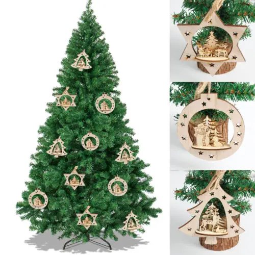 Hollow Wooden Hanging Christmas Xmas Tree Santa Claus Decor Ornament ...