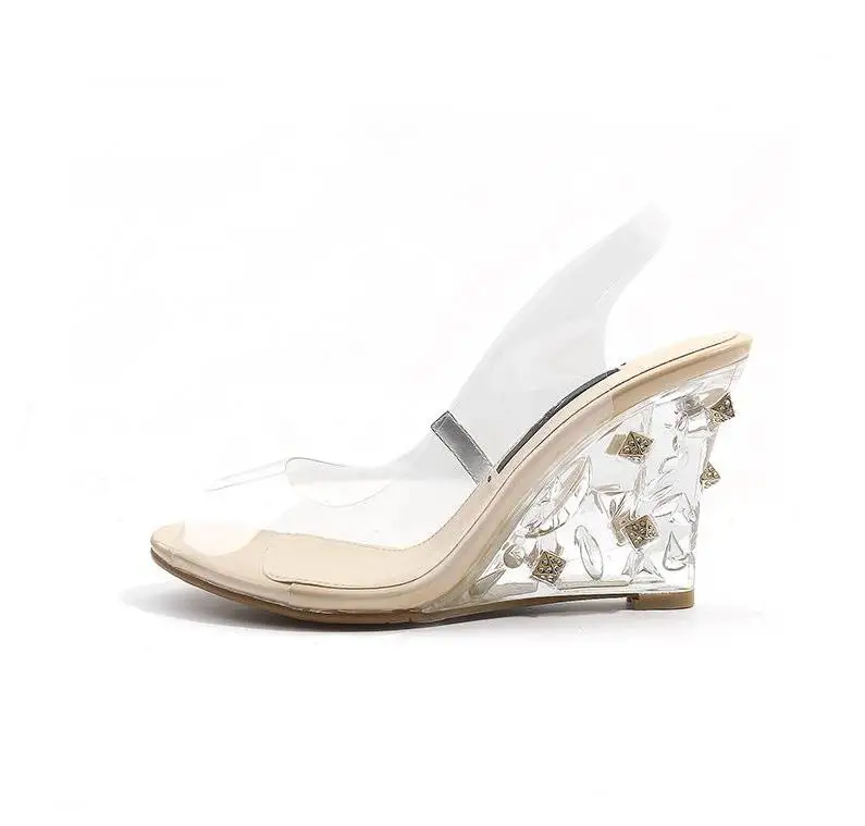 Newest Style PU Leather Transparent Peep Toe Slip On Sandals Summer Fashion Back Strap Wedge Heel Shoes Free Ship | Обувь