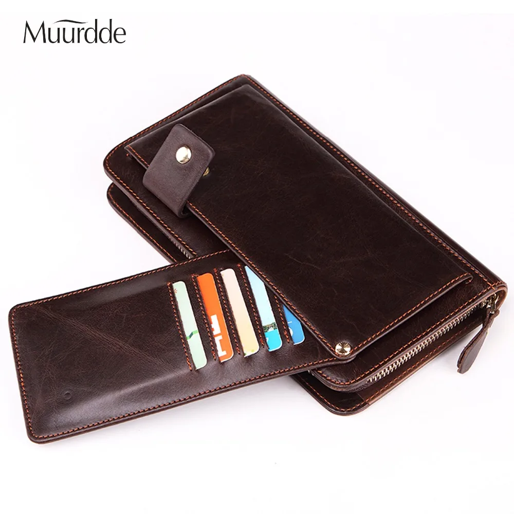 

Muurdde Men Wallet Genuine Leather Purse Vintage Zipper Male Wallet Men's handbags Business Long Phone Wallet Man's Clutch Bags