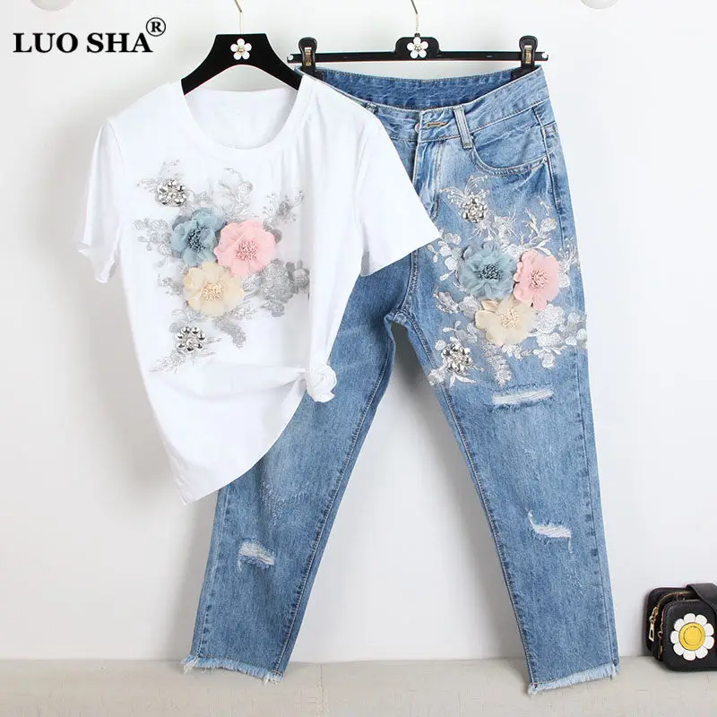 LUOSHA, женская летняя футболка, 2 шт., стильная вышивка, 3D цветок, короткий рукав, футболка+ тяжелая работа, джинсовый костюм с дырками