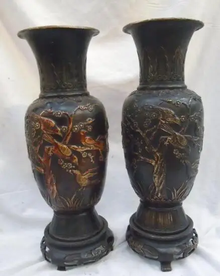 

S01625 Old 13 Inch Chinese bronze carved pied magpie plum blossom Vases pair statues B0403