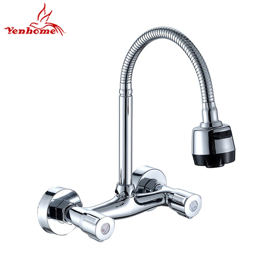 

Wall Mounted Stream Sprayer Kitchen Faucet Dual Handle Chrome Brass Flexible Hose Sink Cold and Hot Water Mixer Taps Dual Holes