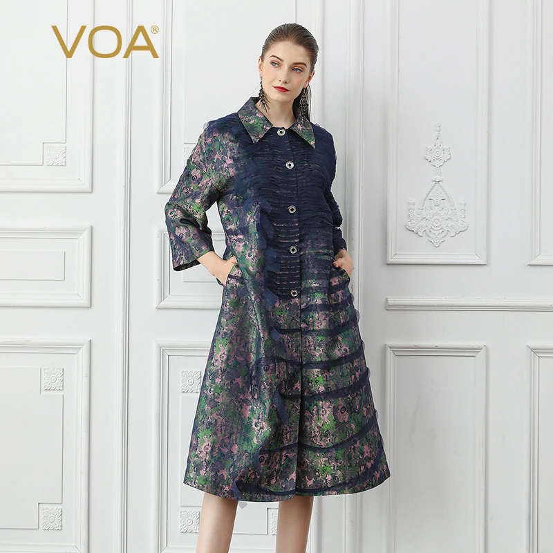VOA Runway Brocade Silk Trench Coat Women Long Overcoat sobretudo