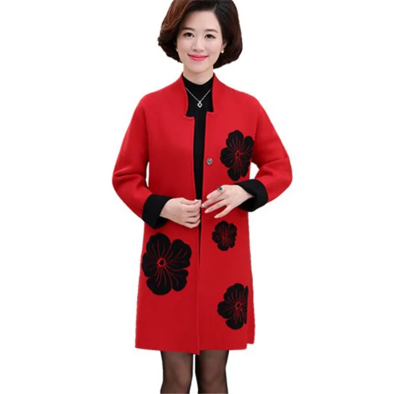 

Autumn winter temperament both sides wearing knitted tops middle-aged women medium long cardigan knitted coat print sweater G867