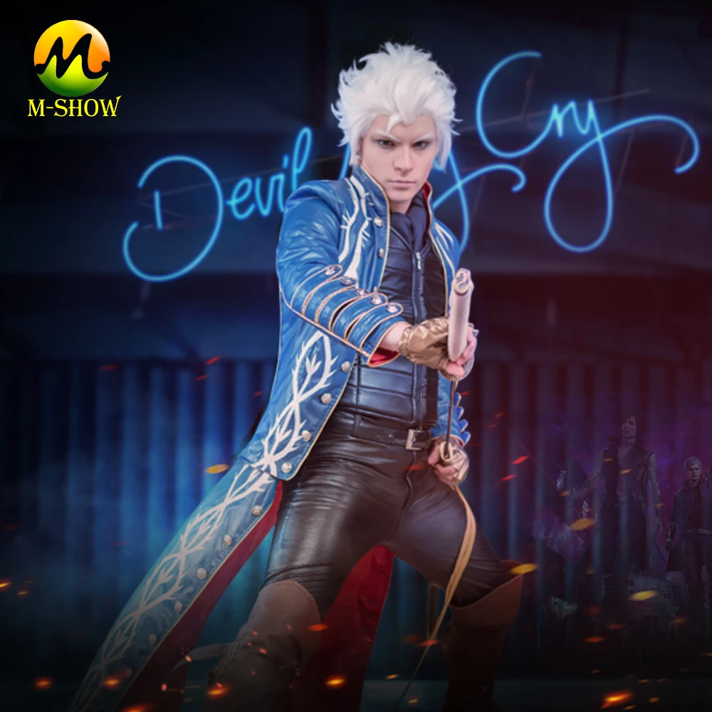 

Devil May Cry 3 Vergil Cosplay Costume Men Outfit PU Leather jacket Trench man ong coat Halloween Custom Made