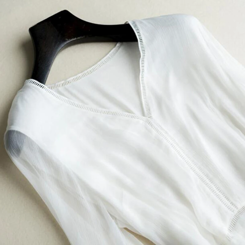 Новое Настоящее шелковое женское платье из натурального шелка высокого качества элегантное праздничное Пляжное Платье длинное белое с коротким рукавом