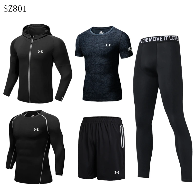 Hot Sale Under Armour Men Gym Clothing Male outdoor training Running Sets Fast drying Running Sport Suit 5 pieces Size M-4XL