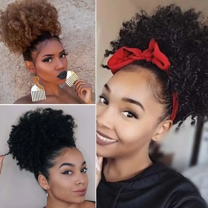 Natural Afro Hair Bun Synthetic Kinky Curly Ponytail Puff