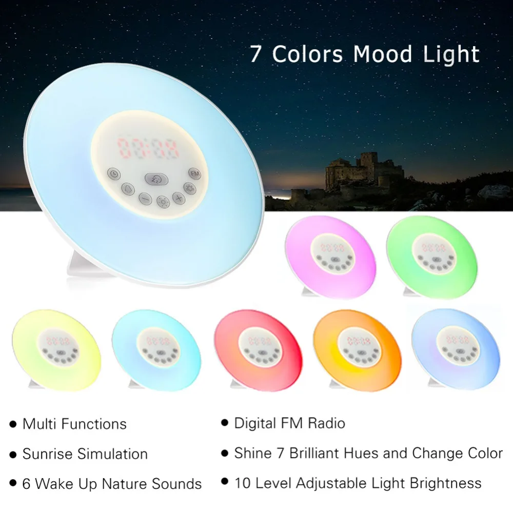 Sunrise Sunset LED Wake Up Lights сенсорный датчик цифровой будильник прикроватный ночник с fm