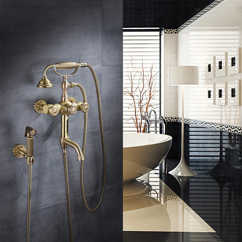 Goedkoop Antieke Koperen Douche Kraan Messing Gepolijst Bad Kranen Hand Regendouche Tap Luxe Keramische Telefoon Muur Bad Kraan