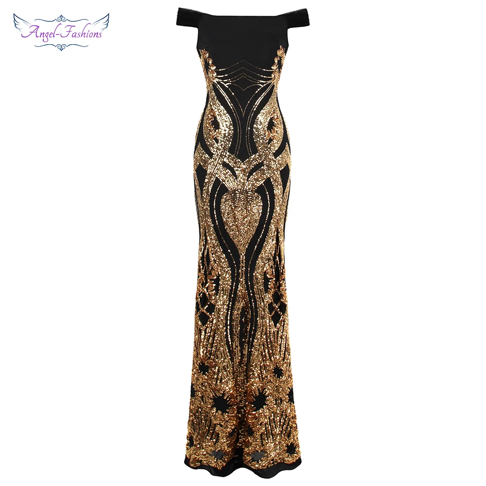 Женское винтажное вечернее платье Angel fashions золотистое с блестками модель 407