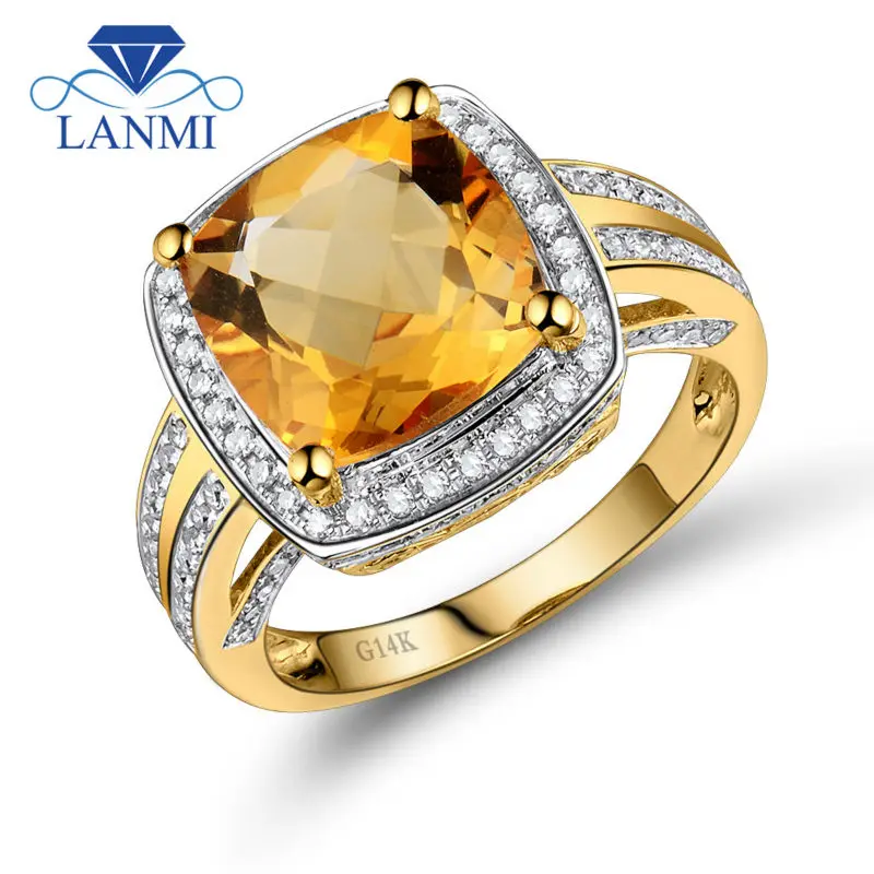 Lanmi Fine Jewelry кольца винтажная Подушка 10 мм цитрин и кольцо с бриллиантом 14 К желтого золота природных драгоценных камней кольцо для продажи