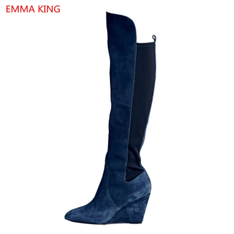 Cm Mujer Para De Calientes In Cómodas Hasta Más Punta Cuñas Rodilla Tacones Lateral Azul Zapatos Cremallera Moda Con As Shown 15 Gamuza La Invierno Altos Picture 2018 Botas Redonda q7Spxgn