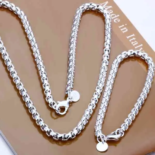 

Hot Sale Fashion Jewelry Set 925 Stamp silver plated 4mm round chain men necklace and bracelet 2 pieces Set joyas de Prata