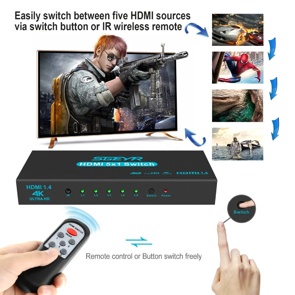 4K 5 Port HDMI Switch 5 In 1 Out Adapter HDCP HDMI Switcher Splitter 1080P connect 5 HD devices to