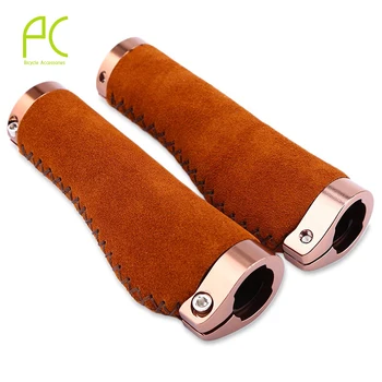 

PCycling Bicycle Grips Anti-slip Cycling MTB Bike Handlebar Cowhide Grips Vintage Retro Leather Bilateral Lock Ultra-light Grips