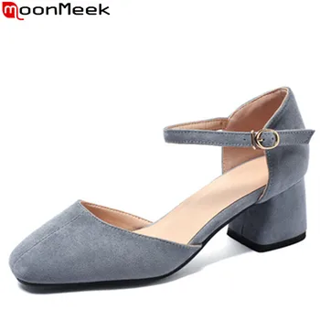 

MoonMeek 2020 summer shoes square toe buckle flock high heels shoes women square heels two piece ladies shoes casual prom shoes