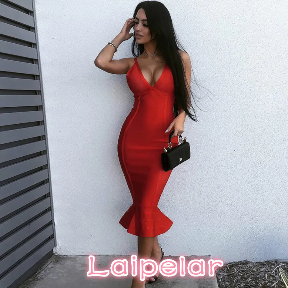 

2018 Newest Spring Bandage Dress Women Celebrity Party Spaghetti Strap V-Neck Sexy Club Night Out Dress Women Mermaid Vestidos