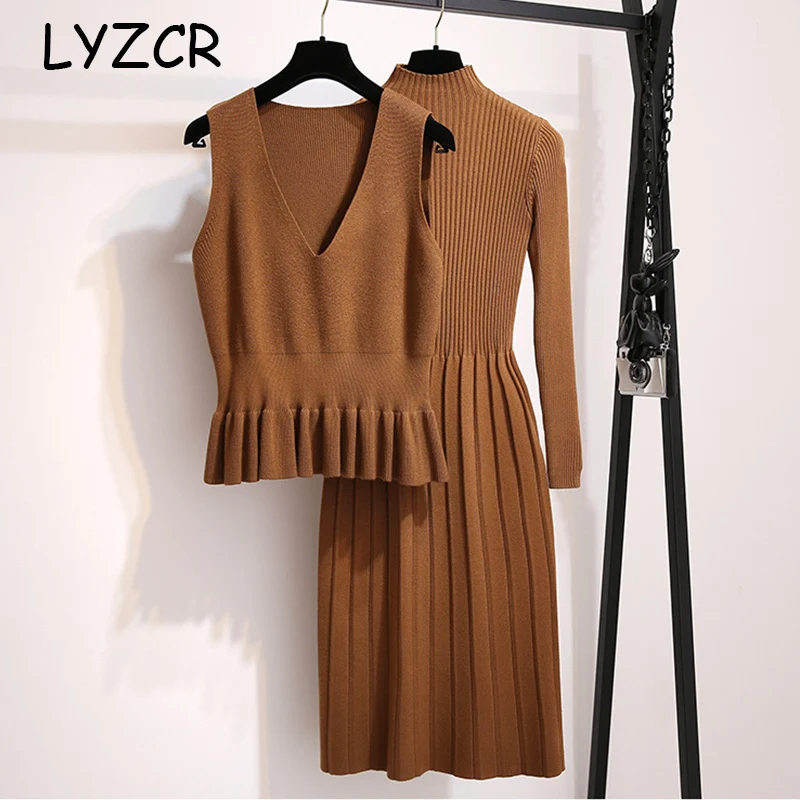 

Winter Women Sweater Knitted Dress Slim Ladies Dresses For Women Green Blue Winter 2 Piece Set Sweater Dress And Knitted Vest