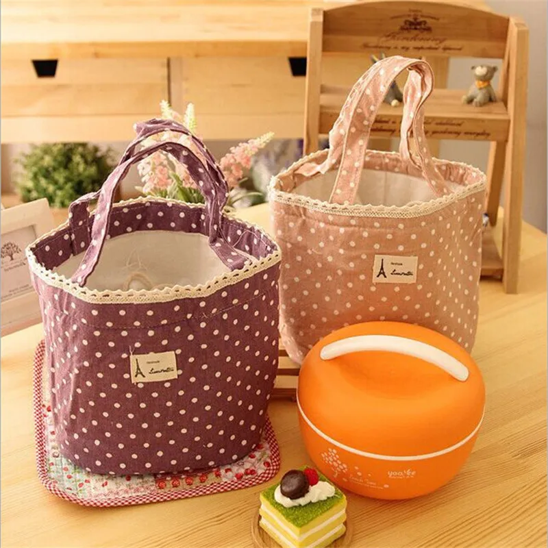 Keep Warm Portable Lunch Bag Dots Insulated Canvas Picnic Lunch Bags