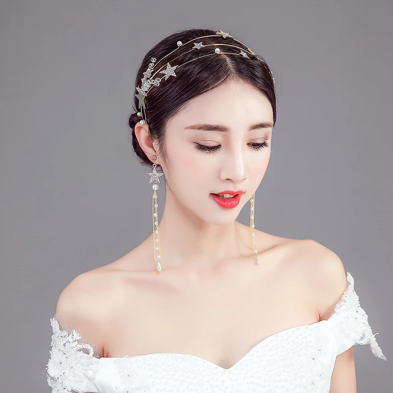 

2018 New Golden Wedding Hairpiece Bride Super Fairy Toast Sweet Star Hairband Korean Wedding Hairpiece