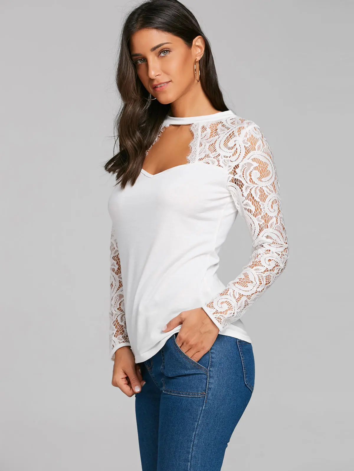 Gamiss T Shirts Women Fashion Casual Keyhole Neck Long Sleeve Lace