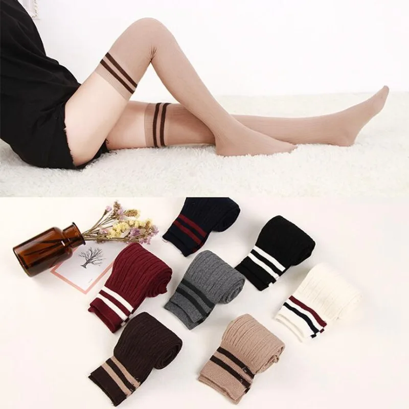 

Women High Over The Knee Socks Thigh High Stockings Opaque Warm Japanese School Student Stripe Long Sock For Girls Ladies Women