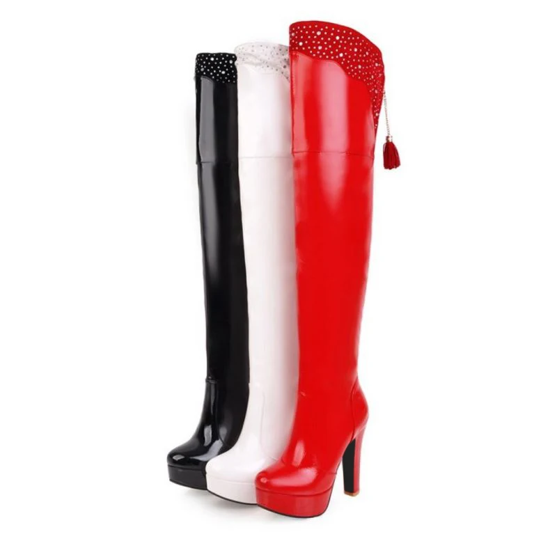 Q460 Largo Mujeres Chunky rojo Sobre Punta De Rodilla Con Botas Moda La Super Sjjh blanco Redonda Tamaño Negro Gran Plataforma Cristales xTndBwqBSE