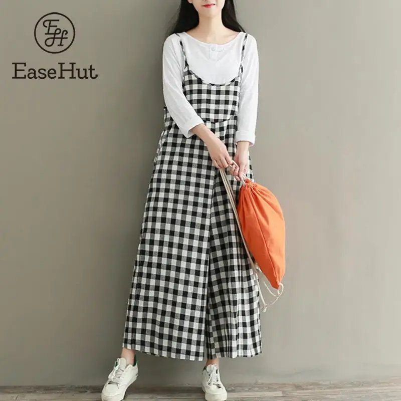 EaseHut Plus Size 3XL Rompers Women Check Plaid 2018 Jumpsuits Overalls Vintage Strappy Casual Loose Harem Pants Long Trousers
