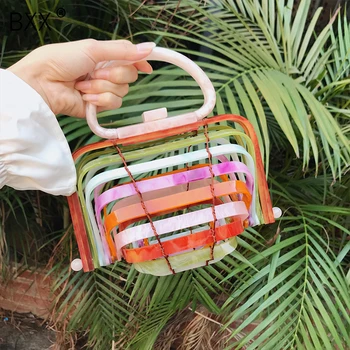 

2019 Summer Woman Colorful Single Handle Specicl Design Acrylic Bird Cage Bamboo Basket Hollow Foldable Handbag Hot Sac a Main