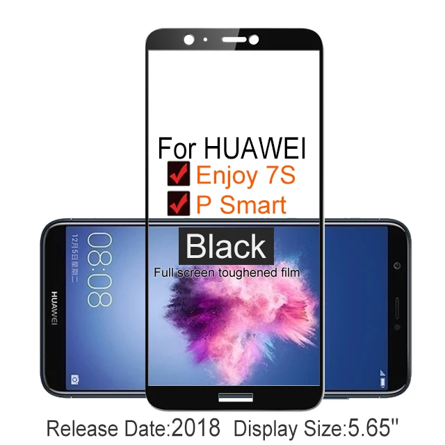 2 шт.,, полное покрытие, закаленное стекло для huawei P Smart 2.5D 9 H, Защитная пленка для экрана, чехол для Enjoy 7S glass - Цвет: Black