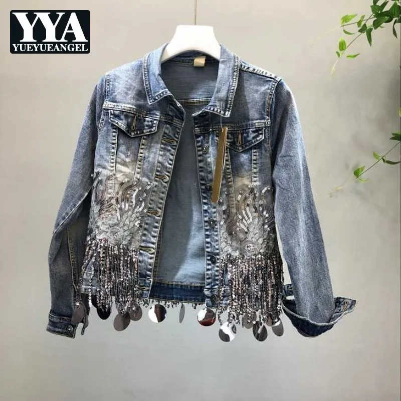 

New Tassel Sequins Chains Denim Jacket Women Appliques Beading Frayed Slim Jeans Jacket Ladies Lapel Fashion Female Clothes Coat