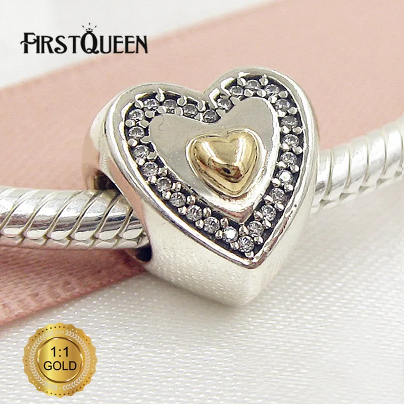 

FirstQueen Heart Silver Charm with 14k Heart and Clear Cz Bead Fit Bracelets For Jewelry Making For Christmas Gift Fine Jewelry