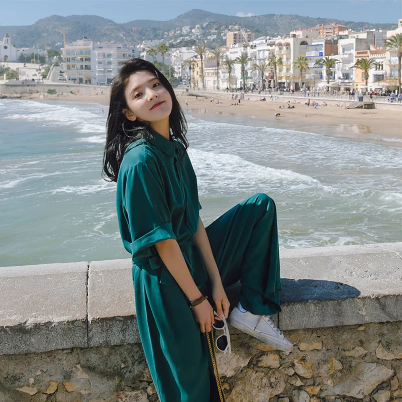 

Wide Leg Loose Woman Jumpsuit Romper 2018 Elegant Short Sleeve Bodysuit Women Bow Button Overalls for Women