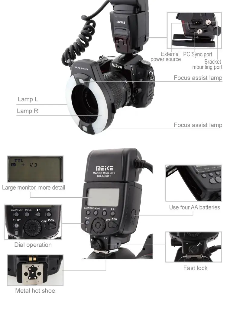 Meike MK-14EXT светодиодный ttl макро кольцо вспышка Lite AF I-ttl Assist лампа для Nikon DSLR камеры