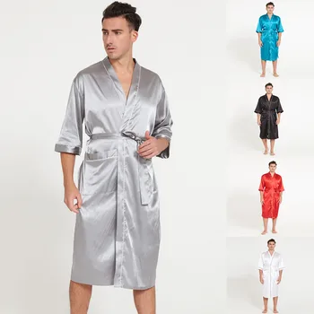 

2019 Summer sexy men's robes bathrobe casual simulation silk belt long sleeves home service thin men's pajamas 5.14