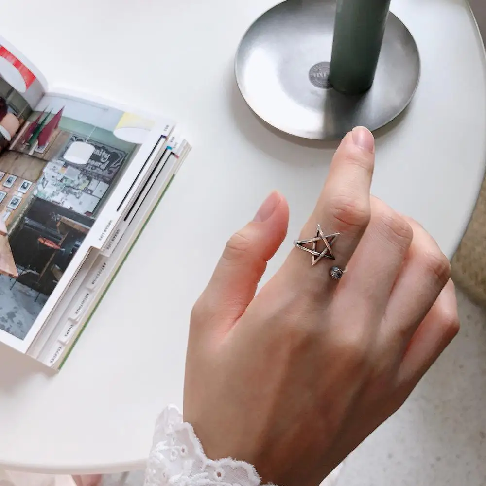 

Authentic S925 Sterling Silver FINE Jewelry Retro Open Star ring adjust TLJ688
