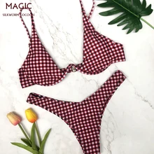 Женский модный купальный костюм в клетку, красный комплект бикини, женский купальник пуш-ап, треугольный купальник, купальные костюмы, бикини на косточках