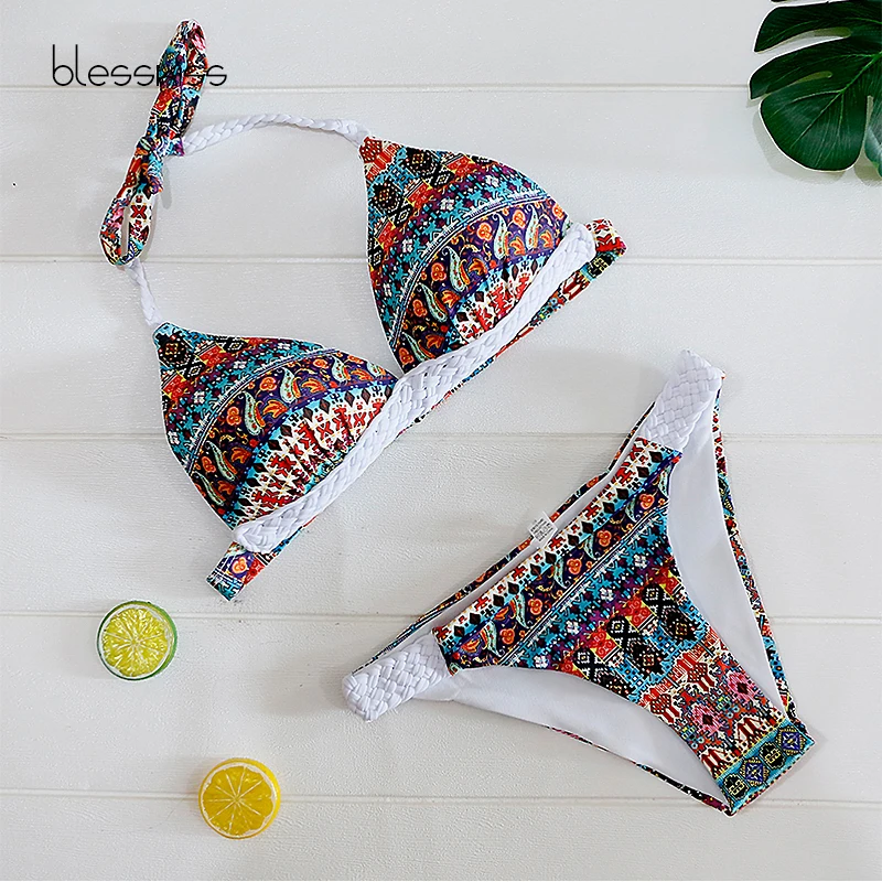 

Blesskiss New Arrival 2019 Handmade Crochet Bikini Push Up Women Printed Floral Boho Halter Top Swimwear Swimsuit Bathing Suit
