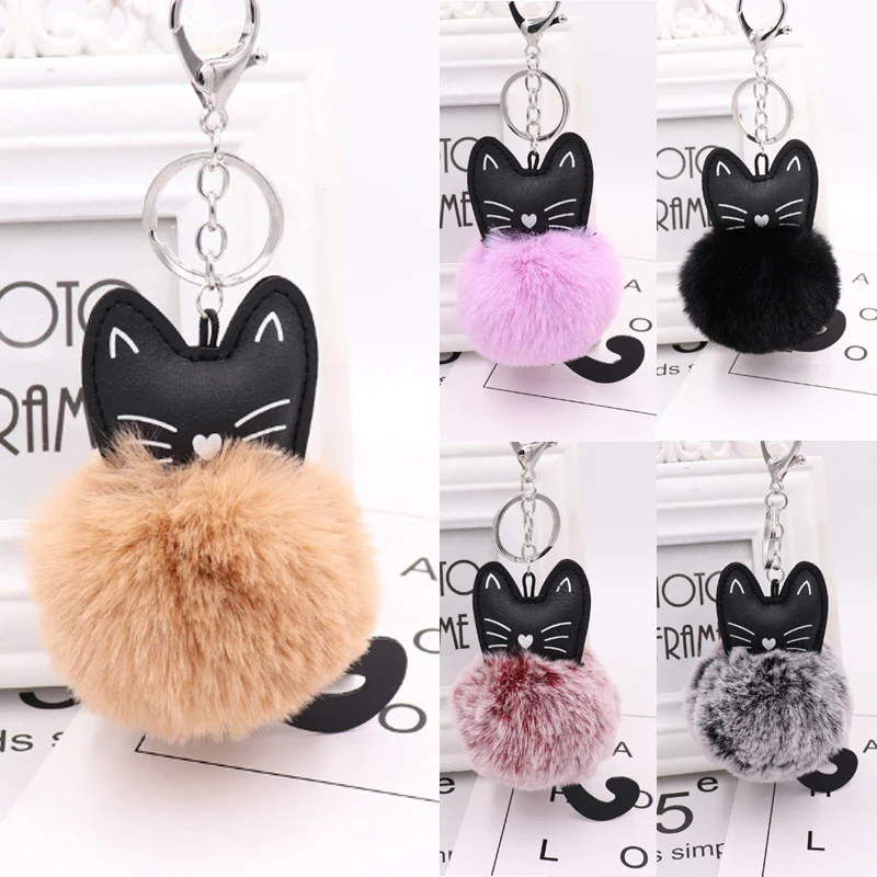 Fashion Cute Kitten Artificial Fur Fluffy Cat Key Chain For Women Girls