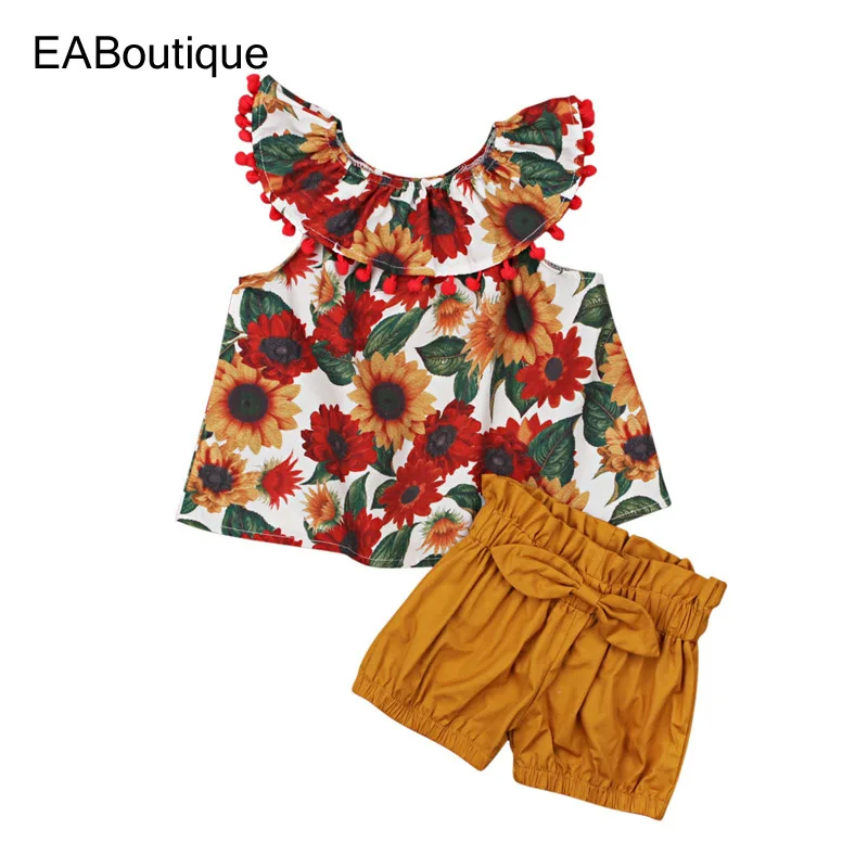 

EABoutique cotton Floral print Tops Shorts baby girl clothes Sleeveless O-neck baby girl outfit for 1-4 year Q0341