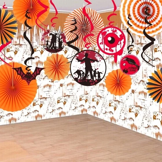 

Set of 17 Halloween Decoration Kit Orange Assorted Paper Pinwheels Backdrop Spooky Ceiling Hanging Foil Swirls Halloween Party