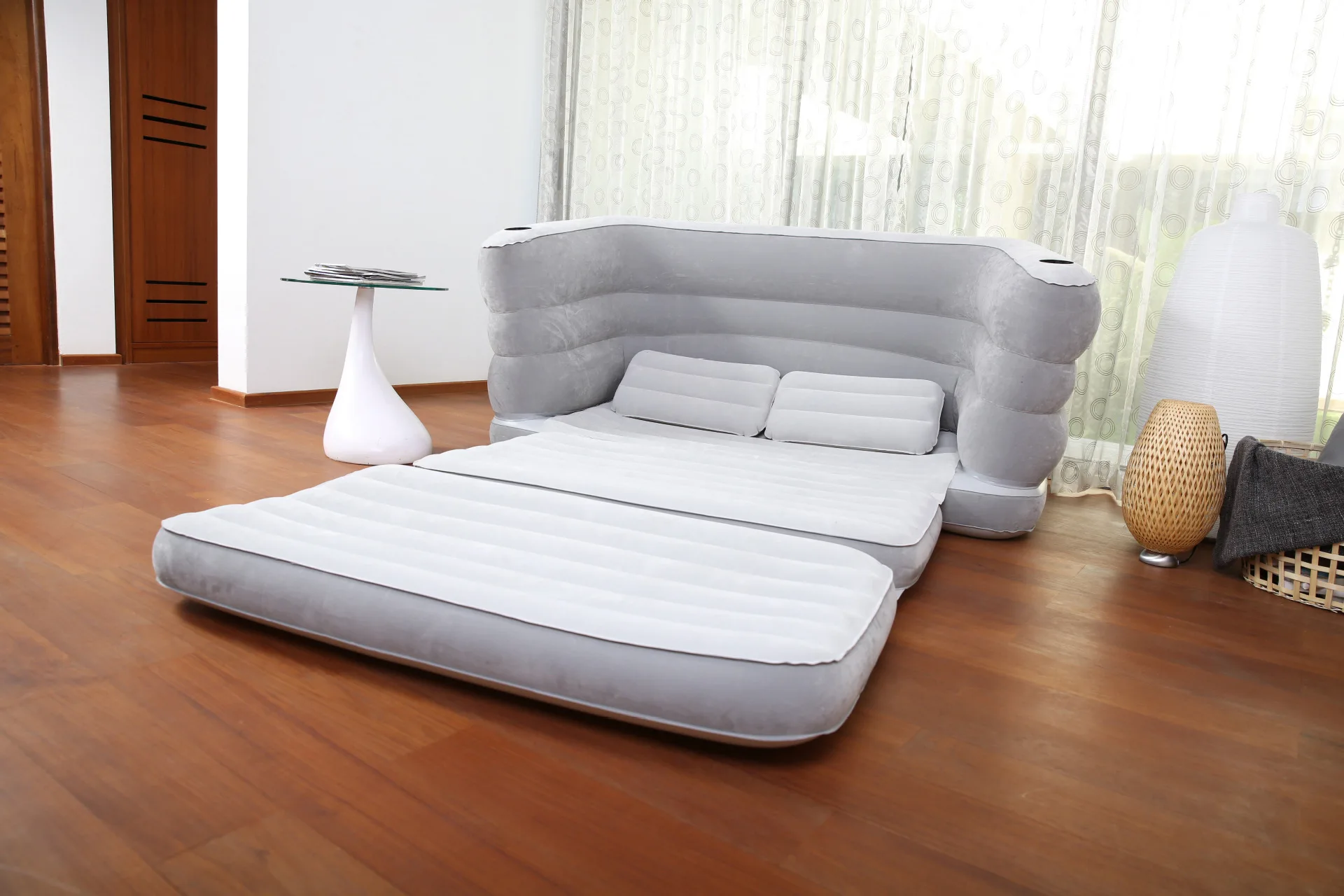 Inflatable Sofa Bed with Two Pillows& Cushion Home Flocking+PVC Sofa for Two People Indoors Lazy Inflatable Loungers