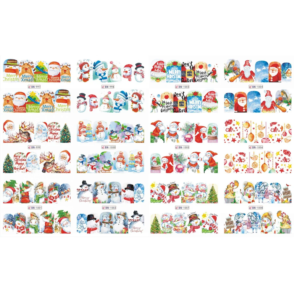 12 шт переводные наклейки для ногтей с водой, Рождественский Снеговик, клейкие слайдеры, новогодние украшения, обертывания, JIBN997-1008 для маникюра