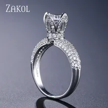 Классические белые кольца ZAKOL с круглой огранкой и кубическим цирконием для женщин, обручальные кольца с кристаллами