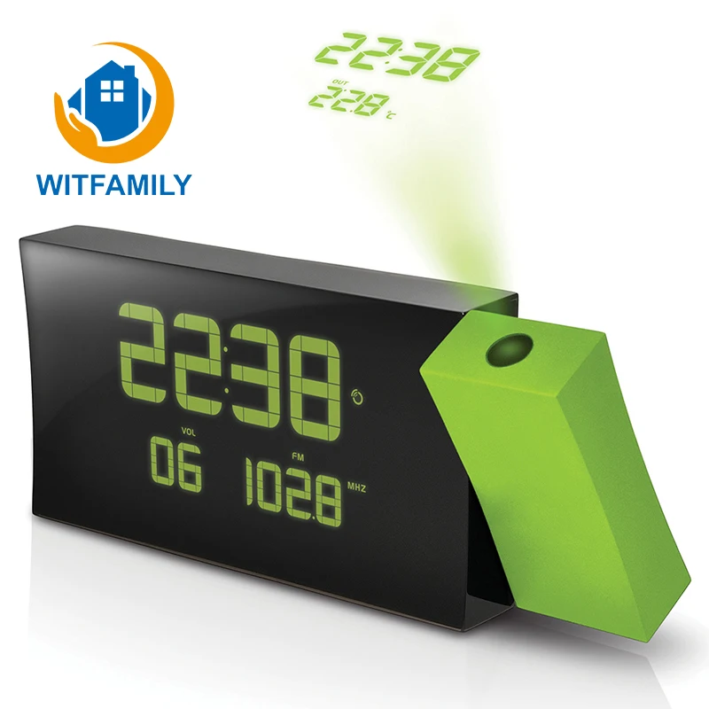 

LCD Projection Radio Alarm Clock Display Weekday Temperature Green Backlight European Time Watch Digital Electronic